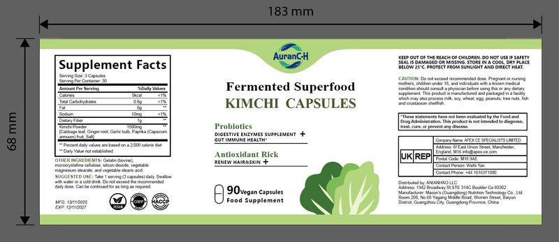 Daily Capsules of Premium Fermented Kimchi - Kimchi Powder 90 Vegan Capsules Natural Nutritional Supplement - Probiotics for Gut Health & Immune Support – Enhance Energy, Focus, Skin and Hair Health