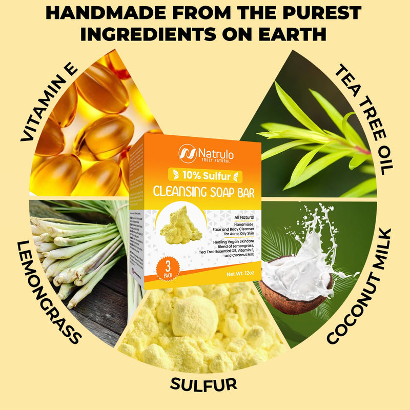 10% Sulfur Soap – All Natural Sulfur Facial Cleanser for Face & Body | 3 Pack Sulfur Soap Bar for Oily Skin – Tea Tree, Lemongrass, Vitamin E & Coconut Milk – Daily Face & Body Wash