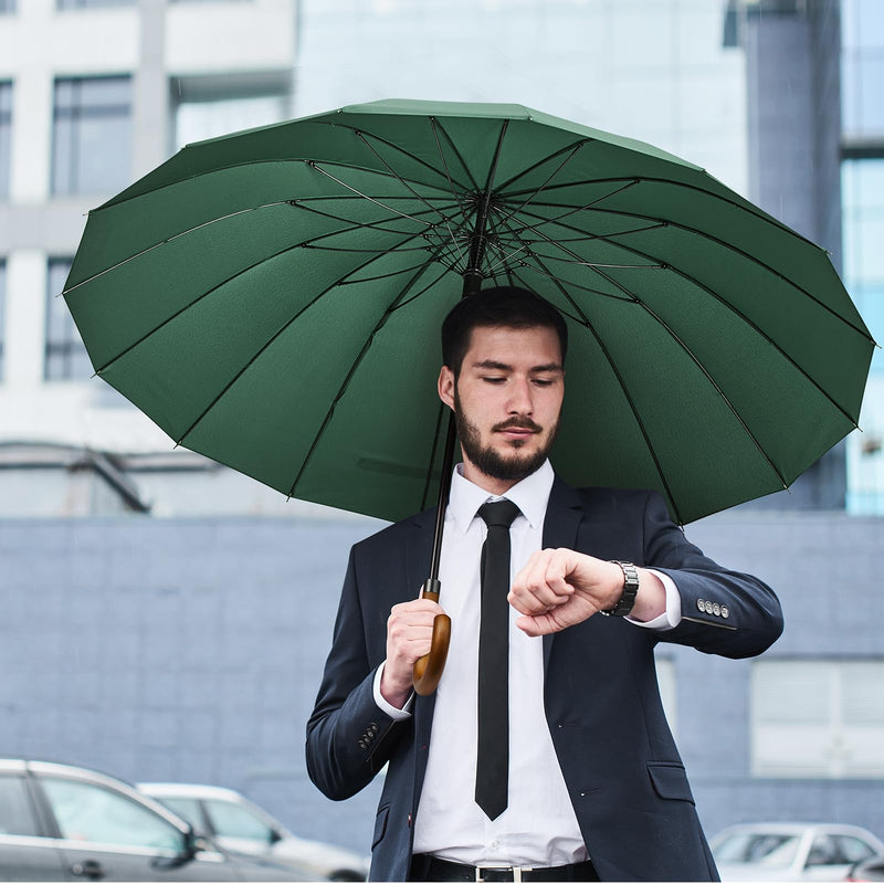 G4Free 54 Inch Large Umbrella for Rain Auto Open Golf Umbrella for 2 People | 16 Ribs Strong Windproof, Heavy Duty Stick Umbrella, Classic Wooden J Handle, Carrying Case，Travel & Golf for Men Women Dark Green