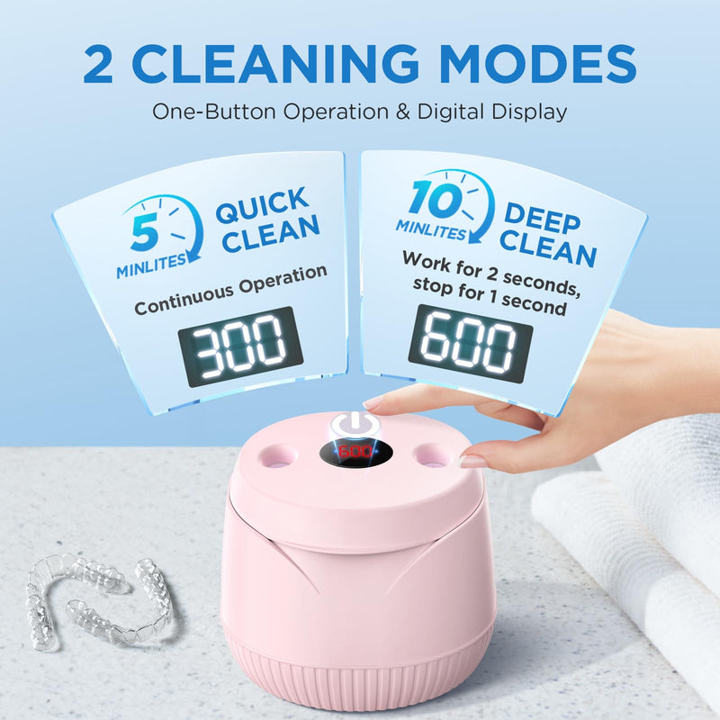 [Australia] - Dental Ultrasonic Retainer Cleaner Machine - Dental Cleaning Pod for Denture, Mouth Guard, Aligner, Night Guard, Braces, Toothbrush Heads, Jewelry, 45kHz Retainer Cleaner with Digital Timer & 200ML Pink 