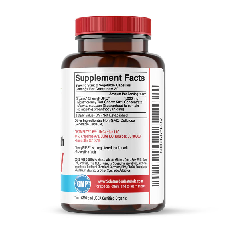 [Australia] - Super Strength Organic Montmorency Tart Cherry Supplement – 50:1 Concentrate Grown in The USA - Contains Certified Organic CherryPURE – by SolaGarden Naturals. 60 Non GMO Veggie Capsules. 