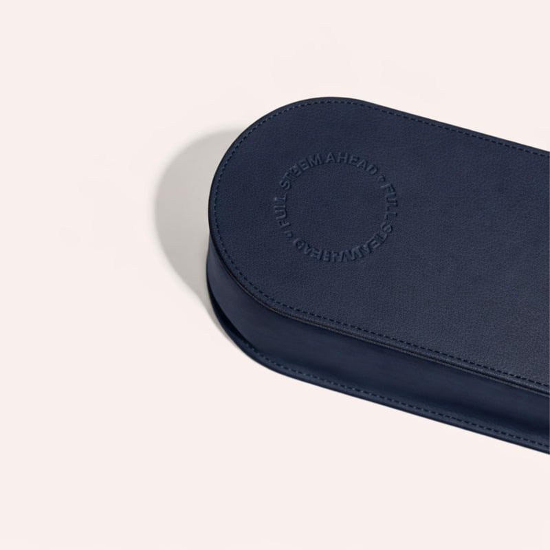 NORI Press Iron Steamer Travel Case - Leather Heat Protectant Bag - Navy | Heat protectant lining, storage case for Nori iron, magnetic snap closure, 16.5 x 3.75 x 2.5 in