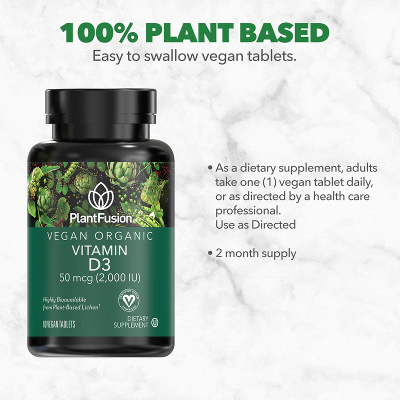 PlantFusion Vegan Vitamin D3 2000IU, Organic Vitamin D3, Sourced from Vitashine Plant Based Lichen, Promotes Immune and Bone Health, 60 Tablets