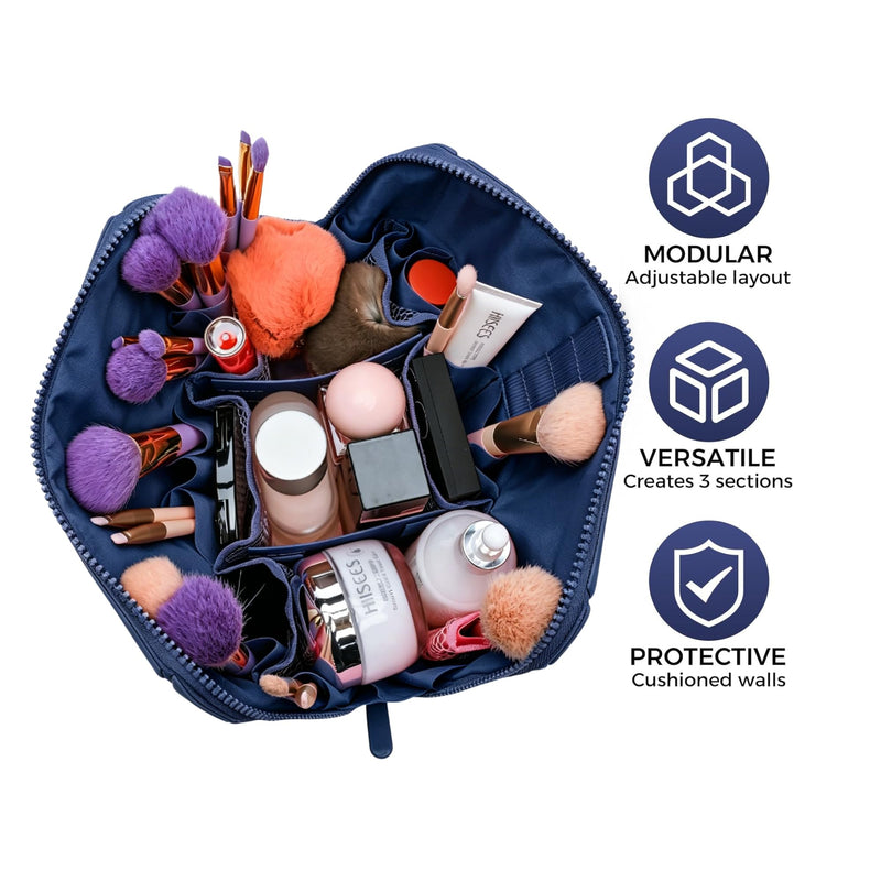 Foldable Travel Makeup Bag,27 Pockets 3 Brush Slots,Large Capacity Cosmetic Bags Toiletry Case Navy Blue