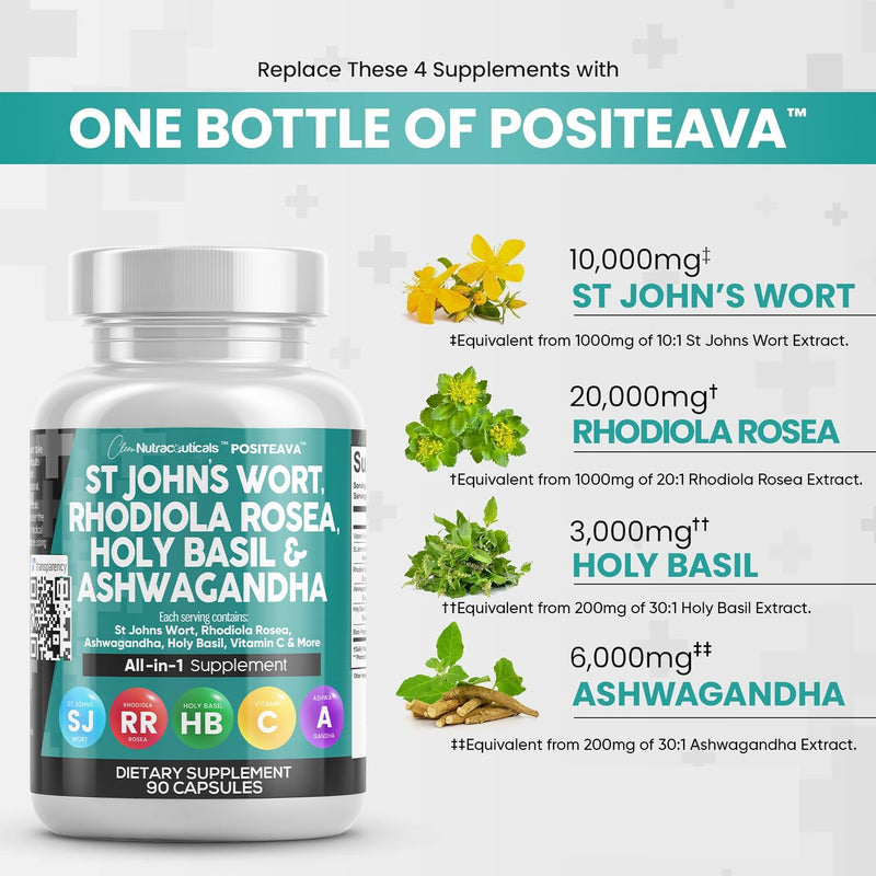 [Australia] - Clean Nutraceuticals St Johns Wort 10000mg Rhodiola Rosea 20000mg Holy Basil 3000mg Ashwagandha 6000mg - Mood Support for Women and Men with Vitamin C & Black Pepper Extract - 90 Caps 