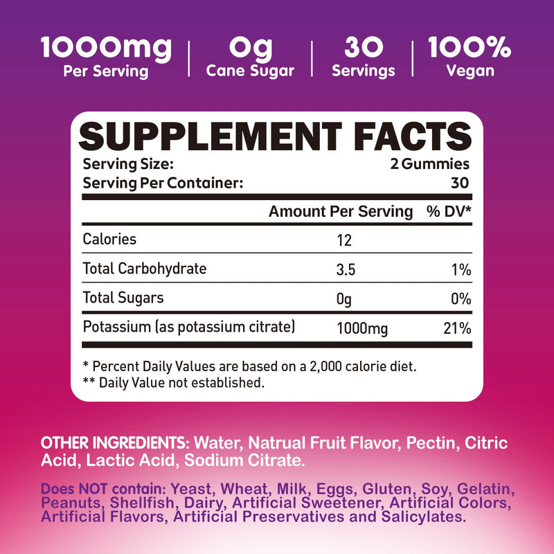 [Australia] - Potassium Citrate 1000mg Gummies, Potassium Supplement for Adults Women & Men, Support Leg Cramps & Muscle Health, 60 Chewables 1 