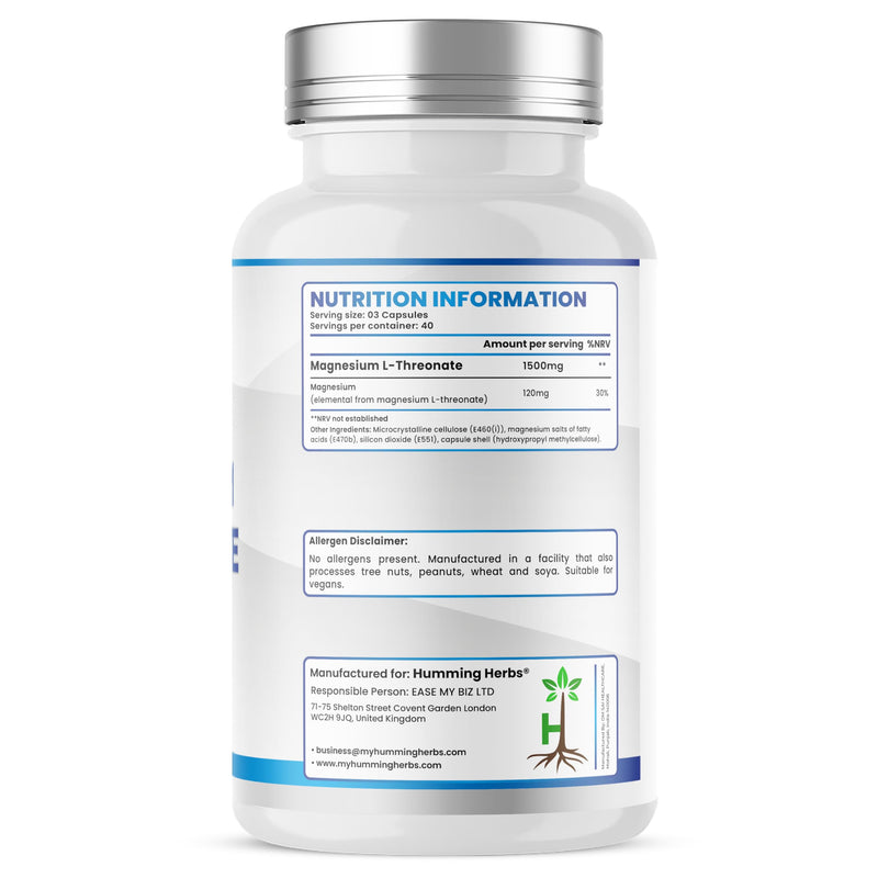 Humming Herbs Magnesium L-Threonate Supplement 1500mg per Serving | Provides 120mg Elemental Magnesium (30% NRV) | 120 Vegan Capsules | 40 Day Supply