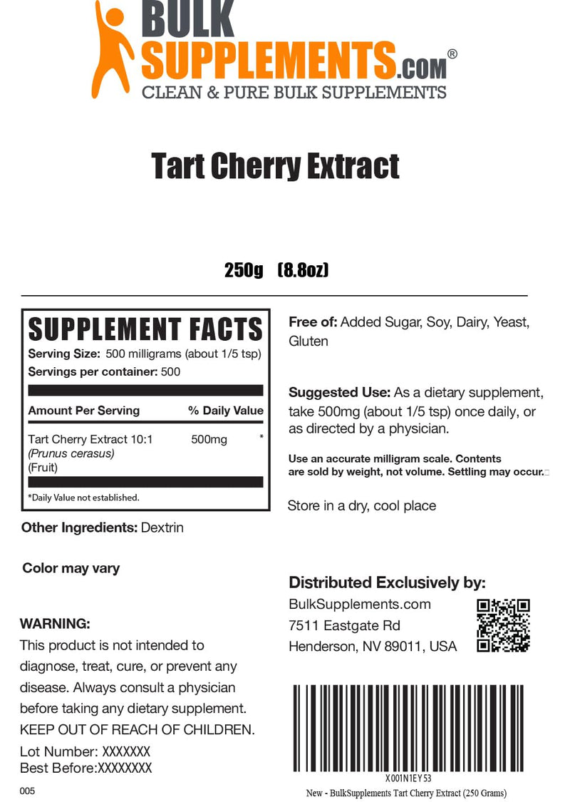 BulkSupplements.com Tart Cherry Extract Powder - Tart Cherry Supplement, Herbal Supplement - Antioxidant Source, Gluten Free, 500mg per Serving, 250g (8.8 oz) (Pack of 1) 500 Servings (Pack of 1)