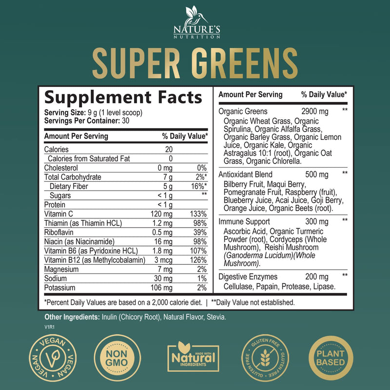 [Australia] - Super Greens Powder Smoothie Mix - Green Whole Food Blend Supports Energy & Gut Health with Spirulina, Chlorella, Mushrooms, Vegetables, Digestive Enzymes & Probiotics - Vegan Superfood - 30 Servings 