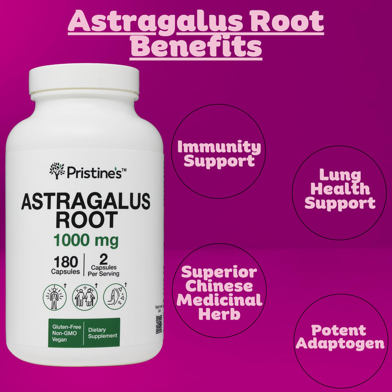 [Australia] - PRISTINE'S Astragalus Root Immune Support Supplement Capsules -1000mg 90 Day Supply Herbal Adaptogen - Healthy Aging, Heart & Lung Health 