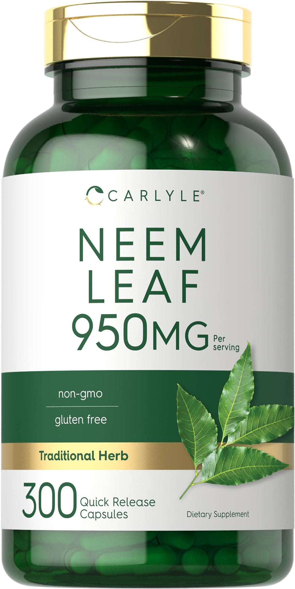 Carlyle Neem Leaf | 950mg | 300 Powder Capsules | Non-GMO and Gluten Free Formula | Value Size | Traditional Herbal Supplement | Azadirachta Indica 300 Count (Pack of 1)