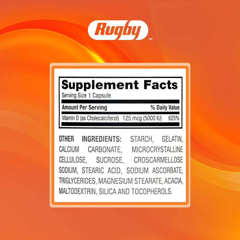Rugby Vitamin D3 5,000 IU (125 mcg), 100 Capsules | Gluten-Free, High Potency Vitamin D Dietary Supplement for Bone, Teeth, and Immune Health, No Artificial Flavors and Colors