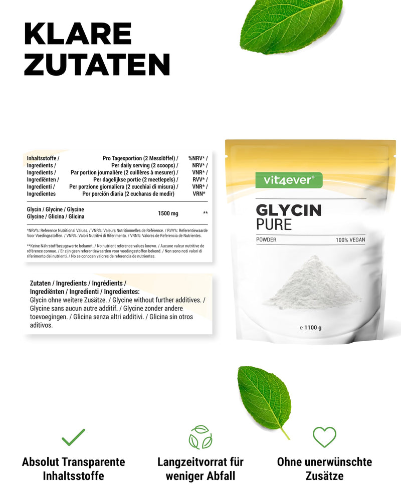 [Australia] - Glycine Pure - 1100 g (1.1 kg) pure powder without additives - with measuring spoon - L-glycine amino acid optimally dosed, naturally sweet - vegan 1.1 kg (pack of 1) 