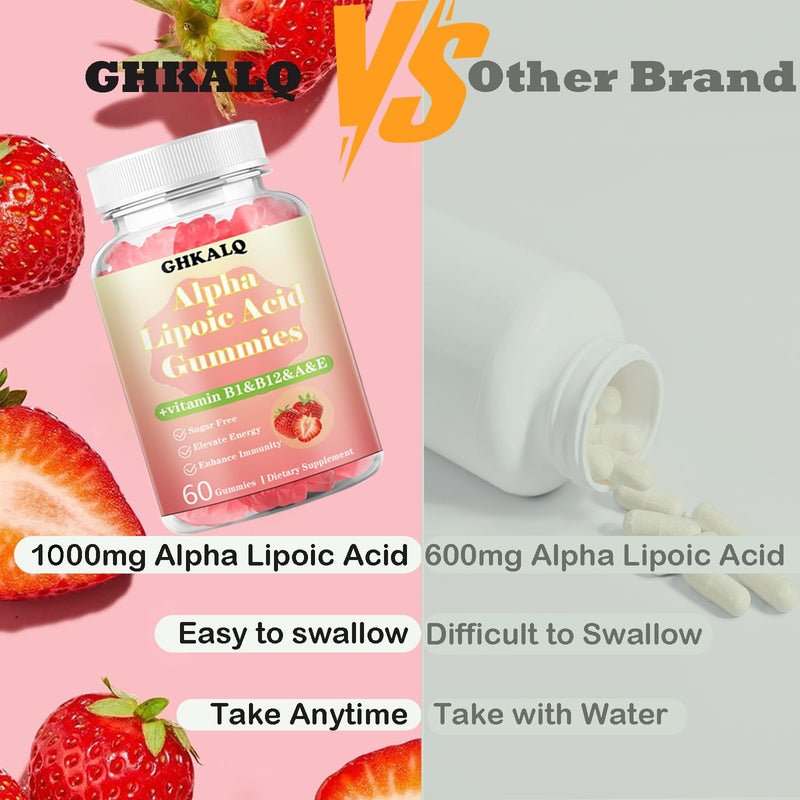 Alpha Lipoic Acid Gummies 1000Mg with Vitamin B1,B12&A,E,Provide Energy | Enhance Immunity,Liposomal High Absorption,Sugar Free,Strawberry Flavor,60 Gummies