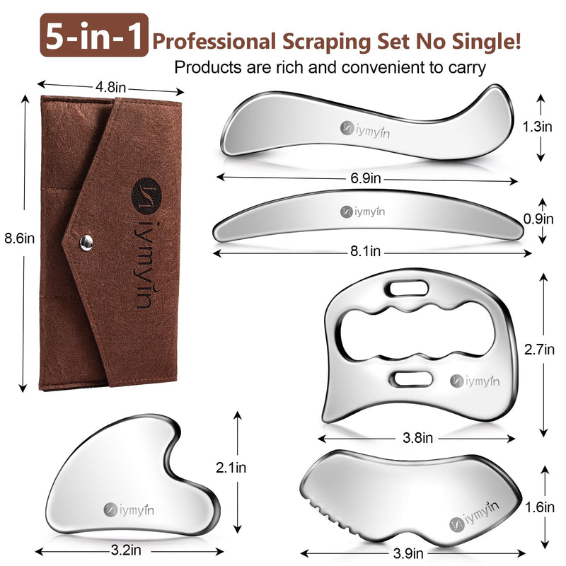 304 Stainless Steel Fascia Gua Sha for IASTM & Sore Muscle Massage | 5-in-1 set, muscle scraper, myofascial release, soft tissue mobilization, physical therapy, deep tissue, pain relief, gift