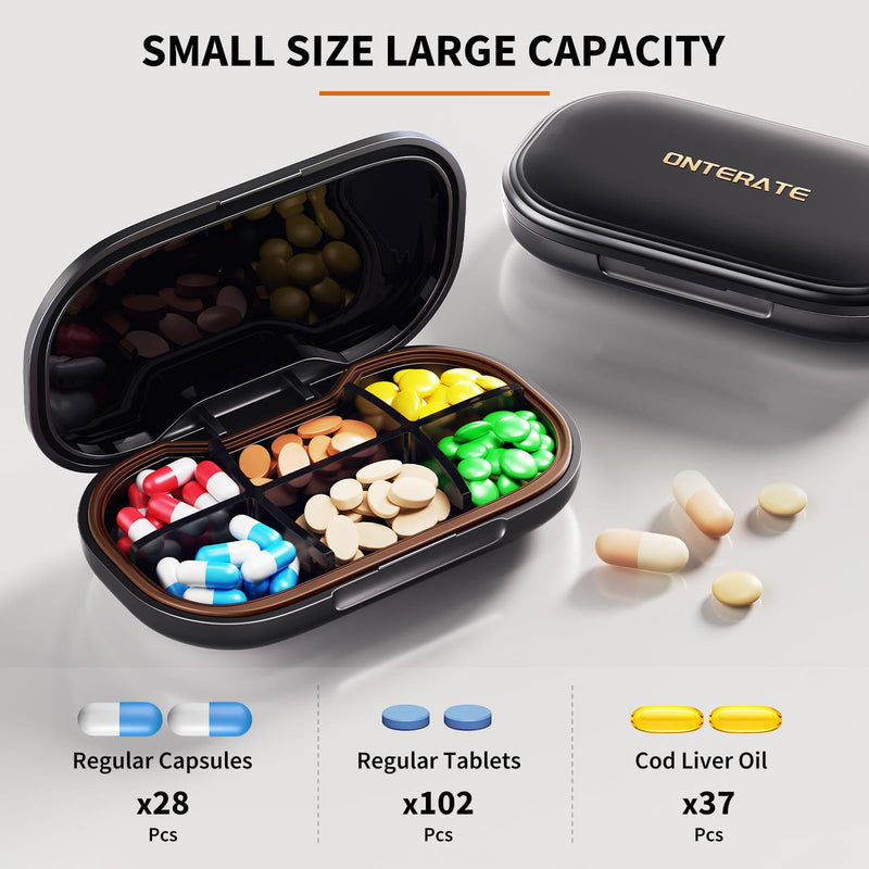 ONTERATE Small Pill Box, 6 Compartments Small Pill Case for Purse Pocket, Removable Divider Travel Pill Organizer, Moisture Proof Portable Mini Pill Container Medicine Organizer for Vitamins (Black) Black