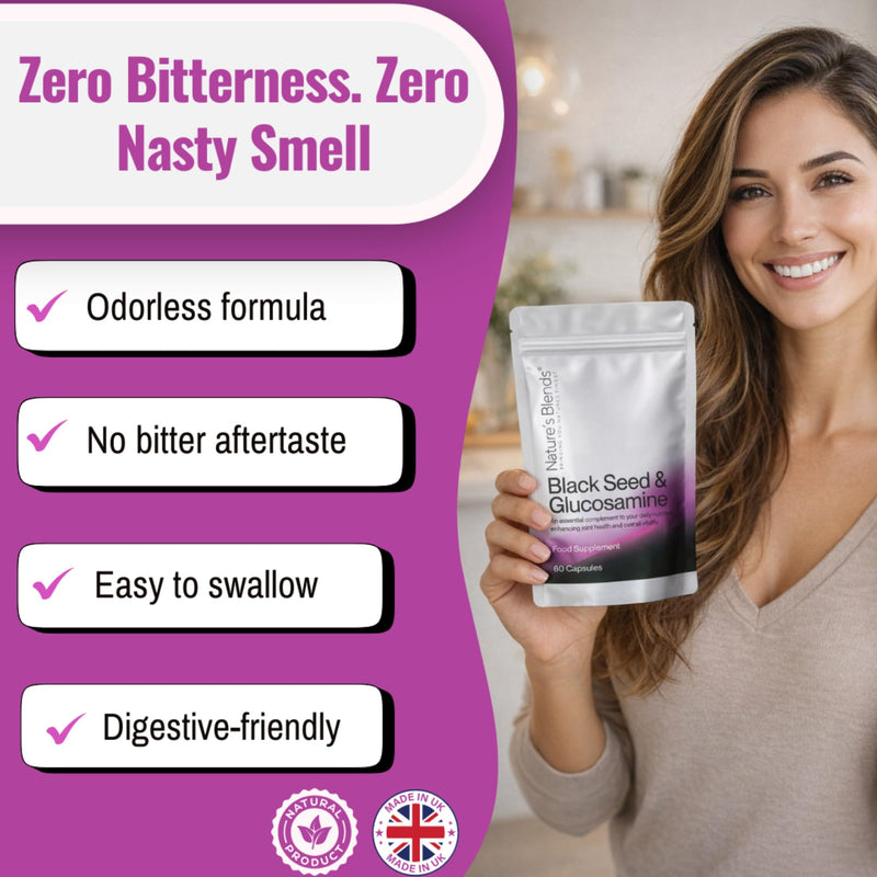 Nature’s Blends Black Seed Oil Capsules 500mg - Cold Pressed Nigella Sativa Capsules with Glucosamine – High Strength Omega 6 & 9 for Immune Support, Hair & Joint Health – 60 Softgels