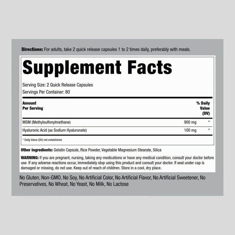 [Australia] - Piping Rock Hyaluronic Acid with MSM | 1000mg | 160 Capsules | Non-GMO and Gluten Free Supplement 