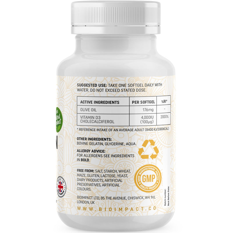 Vitamin D3 4,000 IU Softgel Tablets | High Strength | Premium Olive Oil | 401 Easy to Swallow Softgels | 1 Year+ Supply | Supports Immune System | Non-GMO & Gluten-Free | UK Manufactured