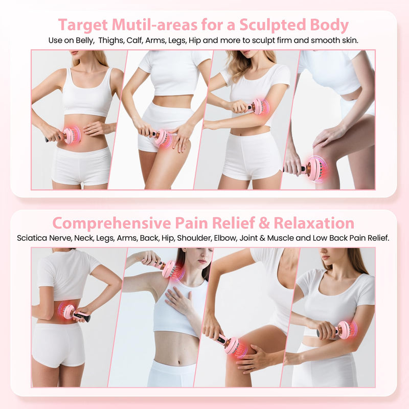 Handheld Body Massager for Lymphatic Drainage Lymphedema Lipedema | 4-in-1 Red Light Heat Vibration, Reduce Cellulite Stretch Marks, Relieve Sciatica Pain Device Pink