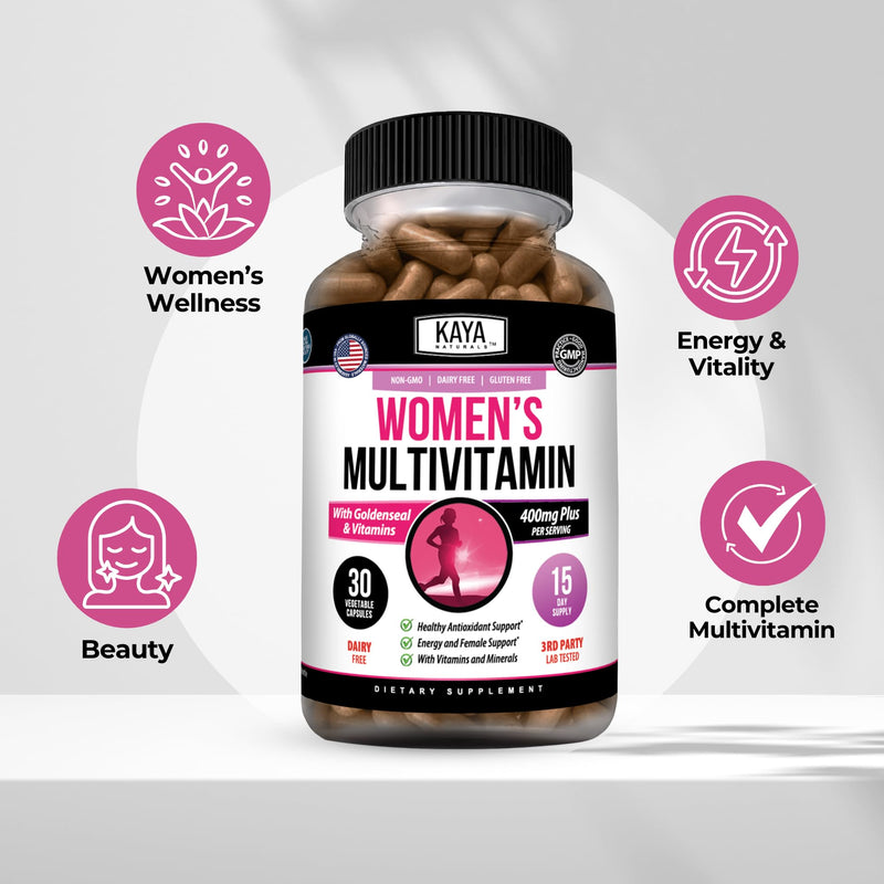 Kaya Naturals Women’s Multivitamin with B Vitamins, Biotin, Zinc, 30 Count | Women’s Daily Multivitamin; Vitamins A, C, D, E, B6 & B12; Biotin, Zinc & Selenium; Botanical Wellness Blends 30 Count (Pack of 1)