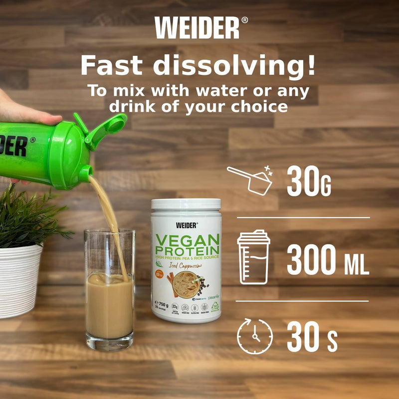 Weider Vegan Protein (540g) Iced Cappuccino Flavour. 23g Protein/dose, Pea Isolate (Pisane) & Rice Protein. with Vitamin B12 & Stevia. Gluten Free, Sugar Free. Packaging 50% Recycled 100% Recyclable