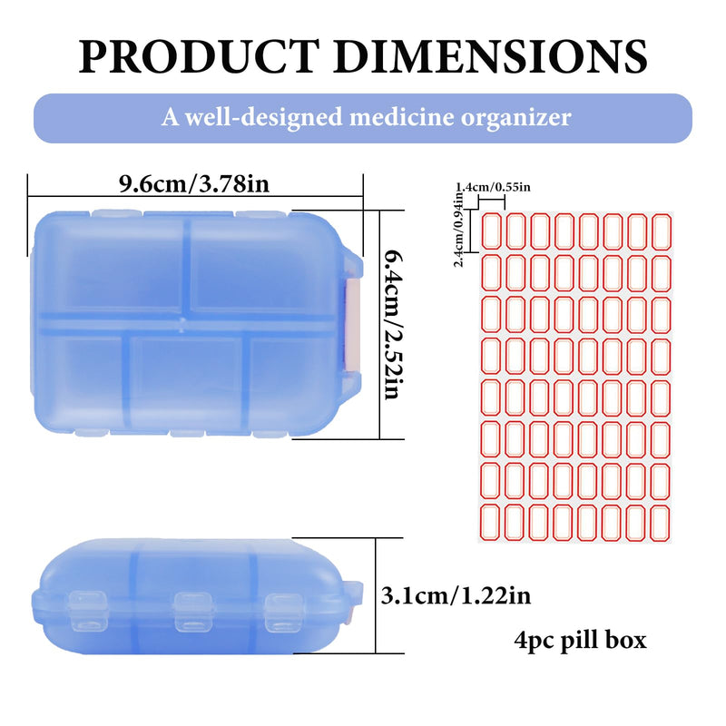 4Pack Travel Pill Organizer - 10 Compartments Pill Case with 64 Stickers, Pill Organizer 2 Times A Day, 20 Days Portable Compartments for Vitamins, Fish Oils, Supplements(Blue) Blue 4PC
