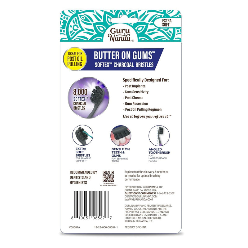 [Australia] - GuruNanda Butter on Gums Charcoal Toothbrush - 8000+ SoftexTM Bristles for Sensitive Teeth & Gums, Aids in Teeth Whitening, Extra Soft (6 Count) 6 Count (Pack of 1) 