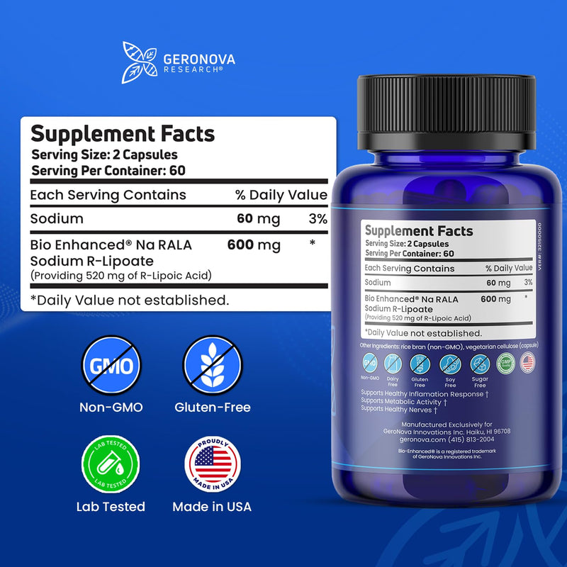 [Australia] - Bio-Enhanced R-Lipoic Acid, 600 mg Capsules - 2 Month Supply - Stabilized R Alpha Lipoic Acid with Enhanced Absorption - R Lipoic Acid Supplement - 120 Count 