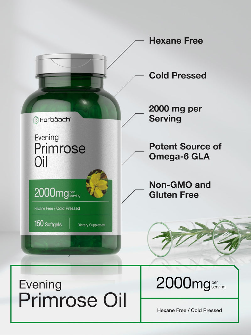 Horbäach Evening Primrose Oil Capsules 2000mg | 150 Softgels | Hexane and Solvent Free Pills | Cold Pressed Supplement with GLA | Non-GMO, Gluten Free