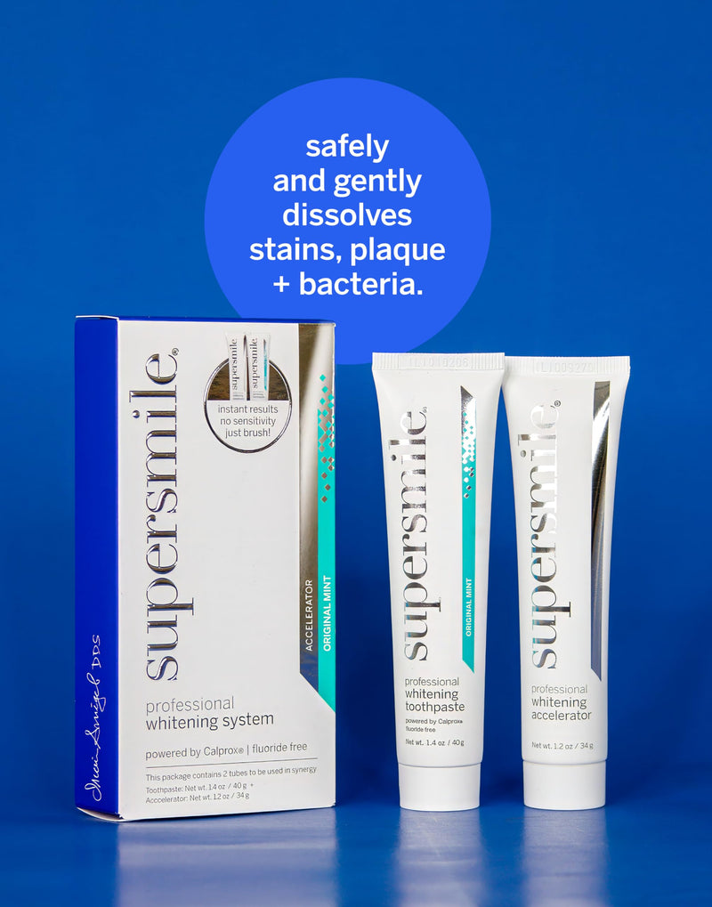 Supersmile Fluoride-Free Whitening System, 1.4 Oz Travel Size, TSA-Approved | Toothpaste + Accelerator Travel Duo, Whitens 6 Shades in 7 Days, Original Mint, Veneer Safe, Calprox® Powered