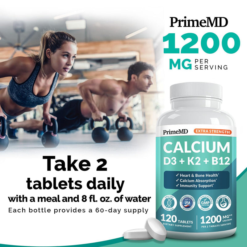 PrimeMD 4-in-1 Calcium 1200mg, Vitamin D3 K2 5000IU, Vegan Non-GMO, 120ct | Bone Health and Everyday Vitality Support, Extra Strength Calcium with Vitamin D3 and K2, Vegan, Non-GMO, Calcium Supplement 120 Count (Pack of 1)