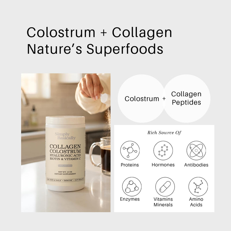 Bovine Colostrum Powder + Collagen Peptides | Hair, Skin, Nails, Immune & Gut Health Supplement | Hyaluronic Acid, Biotin, Vitamin C | Unflavored 30 Servings