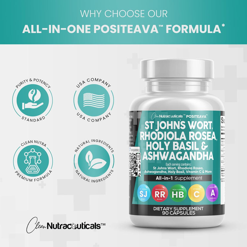 [Australia] - Clean Nutraceuticals St Johns Wort 10000mg Rhodiola Rosea 20000mg Holy Basil 3000mg Ashwagandha 6000mg - Mood Support for Women and Men with Vitamin C & Black Pepper Extract - 90 Caps 
