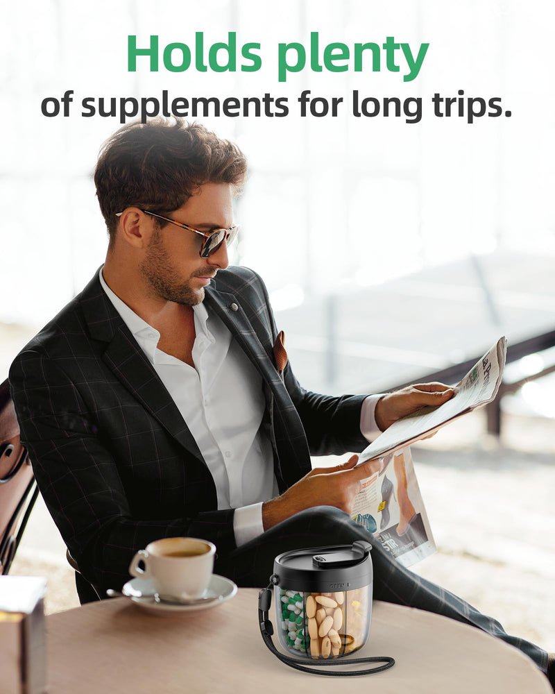 [Australia] - PULIV Portable Pill Dispenser Bottle, Vitamin Organizer with 7 Compartments, Holds Plenty of Supplements with Anti-Mixing & Wide Openings Design, Easy to Retrieve Meds, includes 20 Pcs Sticky Labels Black 