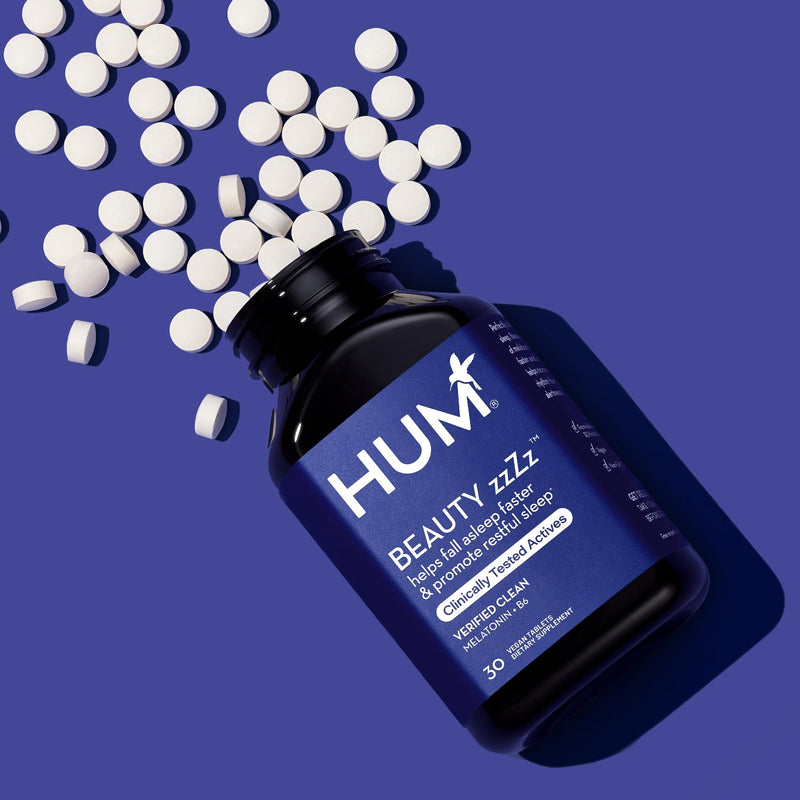 HUM Beauty zzZz Sleep Supplement Melatonin 3mg Vitamin B6 Calcium, 30 Count | Melatonin 3mg, Vitamin B6 & Calcium, Adults, Vegan, Gluten Free, Non-GMO, 30 Tablets