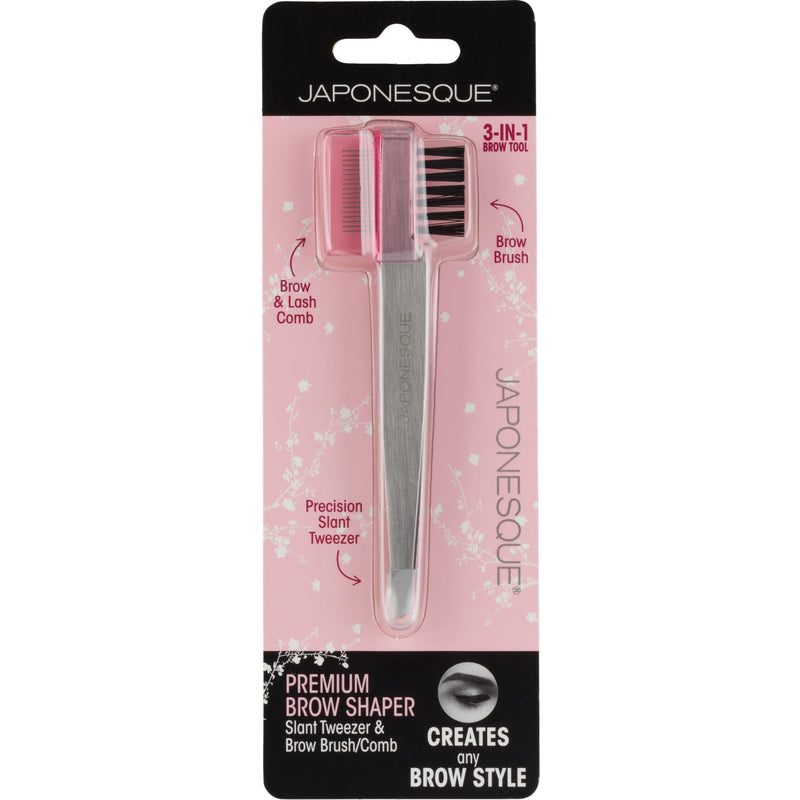 JAPONESQUE Premium Brow Shaper 3-IN-1 Tool Features a Slant Tweezer, Brow Brush & Lash Comb. Precision Crafted, Hand Sharpened Tips for Shaping & Defining Brows