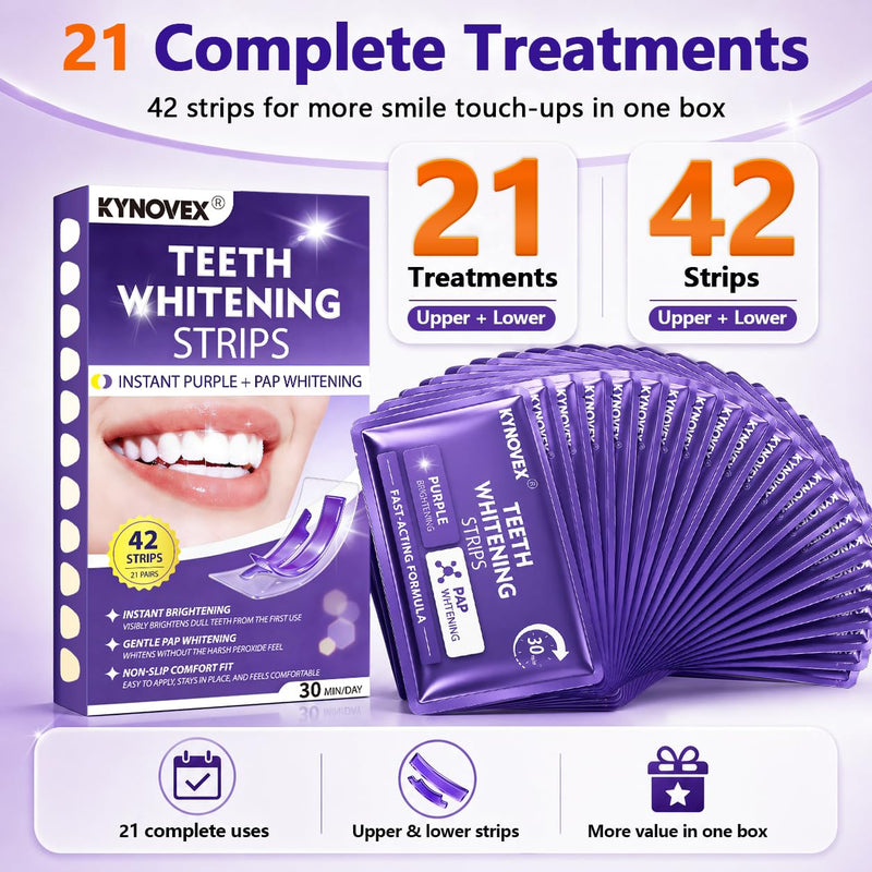 Purple Teeth Whitening Strips, 42 Strips (21 Pairs), Purple Tone Neutralizing Technology for Yellow-Looking Teeth, Pap Formula, Low Sensitivity, 21-Day Whitening Treatment Mint