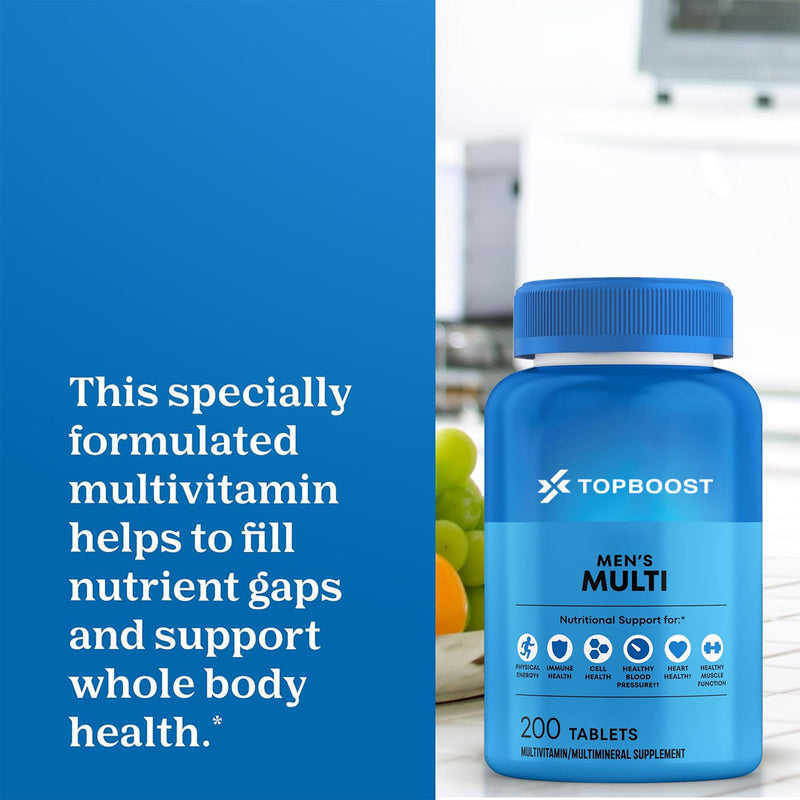 Topboost Multivitamin for Men - 200 Vegan Tablets, 19+ Active Daily Mens Multivitamins with Vitamin D, Zinc, Folic Acid, and B Vitamins, Physical Energy Support, 200 Count