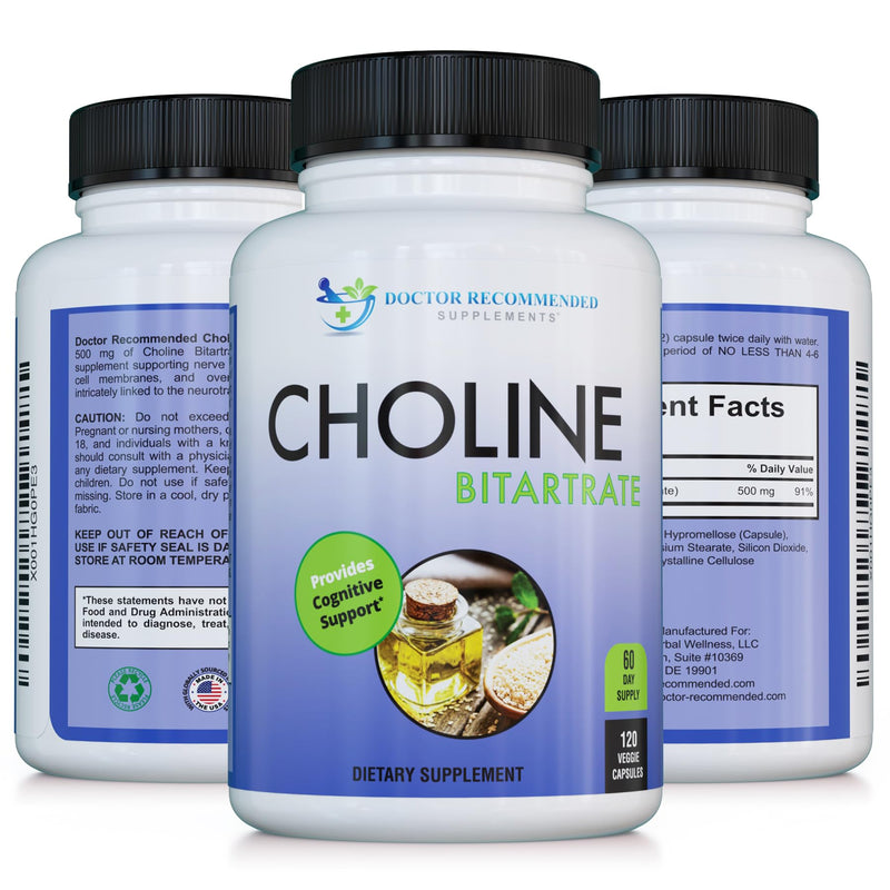 [Australia] - Premium Choline - 500 mg - 120 Veggie Capsules - by DOCTOR RECOMMENDED SUPPLEMENTS - Supports Cognitive Health, Memory & More 120 Count (Pack of 1) 