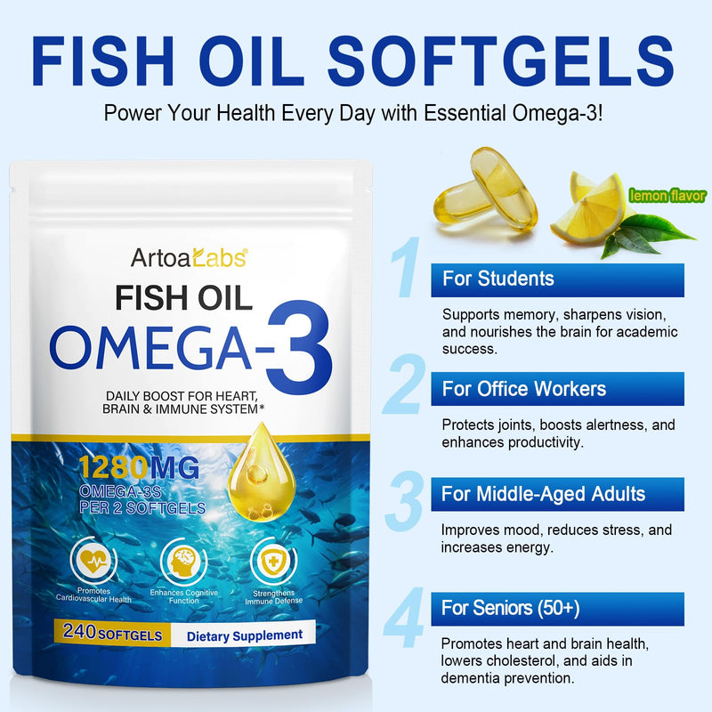 Omega 3 Fish Oil 1280mg Capsules,240 Softgel(4 Months Supply),High Strength Pure Omega 3 Fish Oil,Supports Heart,Brain Function and Eye Health,No Gluten