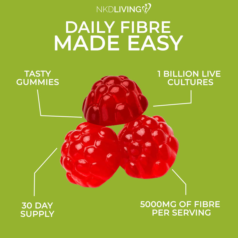 NKD Living High Fibre Inulin Gummies (60 Vegan Gummies) 5g of Fibre per Serving - with 1 Billion Live Cultures - Gut Health and Digestive System Support 1 count (Pack of 60)