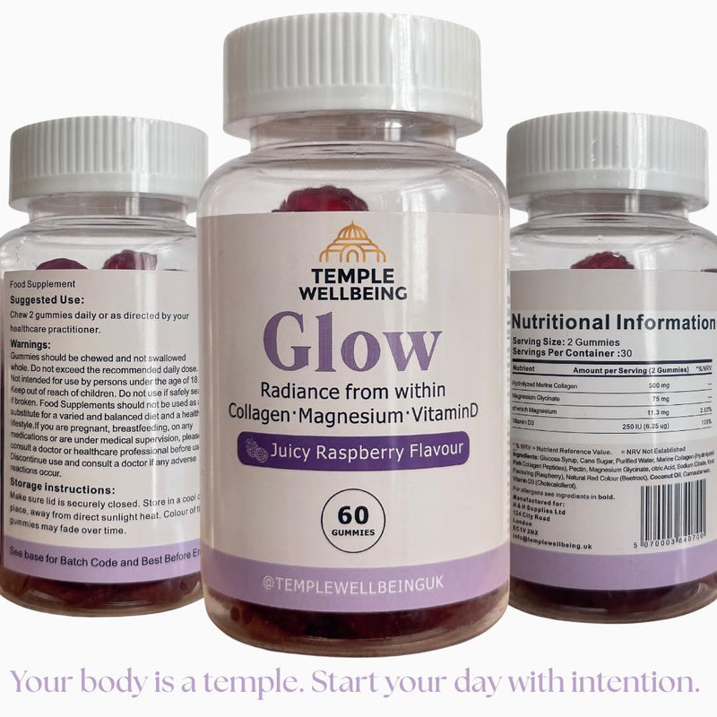 Glow Collagen Gummies | High-Strength Type 1 Hydrolysed Collagen with Magnesium & Vitamin D | Skin, Hair & Nail Support | Delicious Juicy Raspberry Flavour | 60 Chewable Gummies