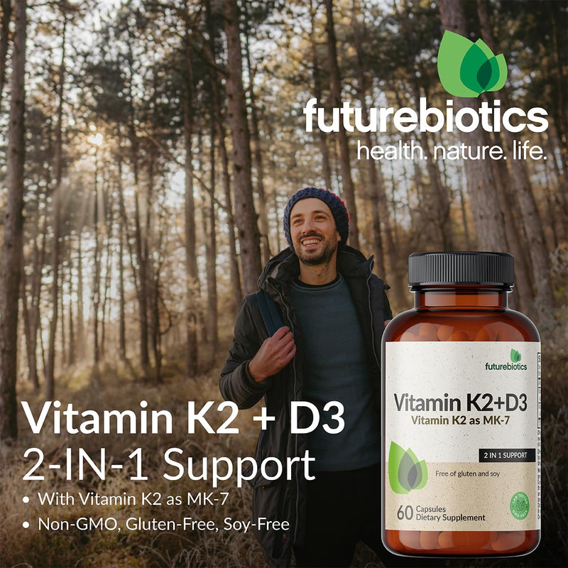 Futurebiotics Vitamin K2 MK-7 90 mcg + D3 5000 IU, 60 Vegetarian Capsules | 2-in-1 Bone, Immune & Heart Health Support, Helps Transport Calcium to Bones, Non-GMO, Gluten-Free & Soy-Free 60 Count (Pack of 1)