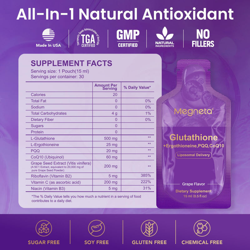 Liposomal Glutathione Liquid Supplement 500 mg, 30 Pouches, 15.2 fl oz | L Glutathione with PQQ, CoQ10 & Vitamin C – High Absorption Antioxidant for Immune & Energy Support – Grape Flavor 0.51 Fl Oz (Pack of 30)