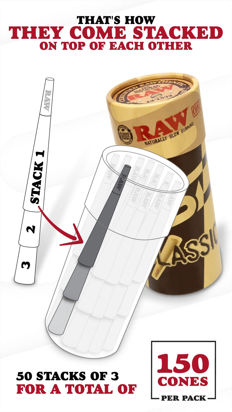[Australia] - RAW Cones Classic 1-1/4 Size | 150 Pack | Natural Pre Rolled Rolling Paper with Tips & Packing Tubes Included 