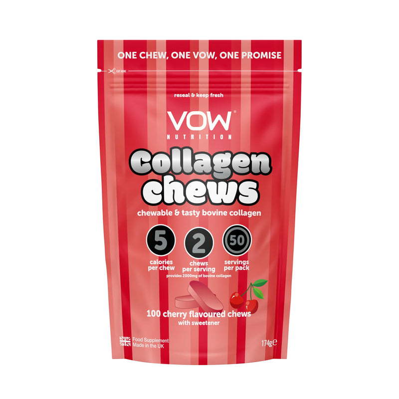 VOW Nutrition Collagen Chews, Bovine Collagen Supplement, 100 Chews, Cherry and Tropical Flavours, 1000mg per Serving, Joint and Skin Health Support (Cherry)