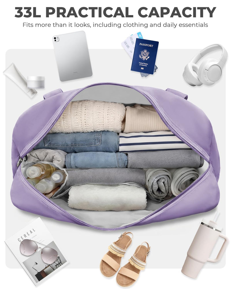 Percover Weekender Travel Duffel Bag for Women, Lightweight Soft-Structure 33L Carry-On, Water-Resistant Nylon with Shoulder Strap & Trolley Sleeve, Personal Item Friendly, Lavender Purple