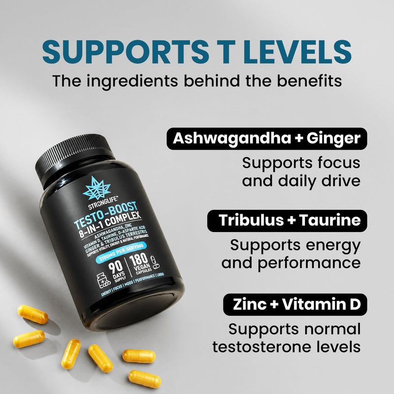 Testosterone Booster Supplement | with D-Aspartic Acid, Tribulus, Zinc, TA Root Extract & Vitamin D3 | 200:1 Extract | 90-Day Supply | Strength, Energy & Vitality | 180 Vegan Capsules
