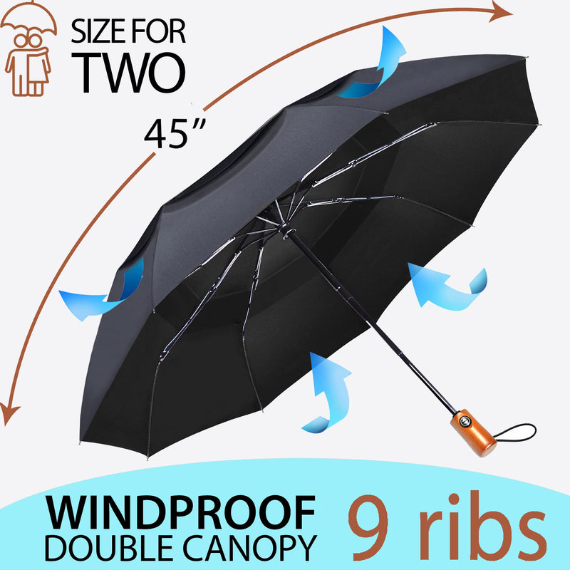 Raintrend 2 Pack Umbrellas for Rain Windproof Travel Black and Burgundy Umbrella - Large Double Canopy but Compact Folding Portable - Automatic Strong Wind Resistant Construction